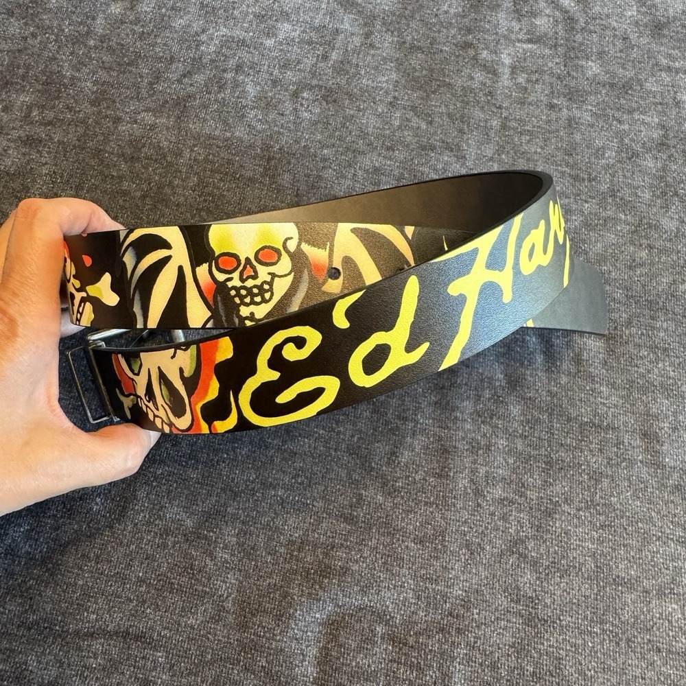 Ed Hardy black leather belt with colorful graffiti-style graphics Size 36 Waist